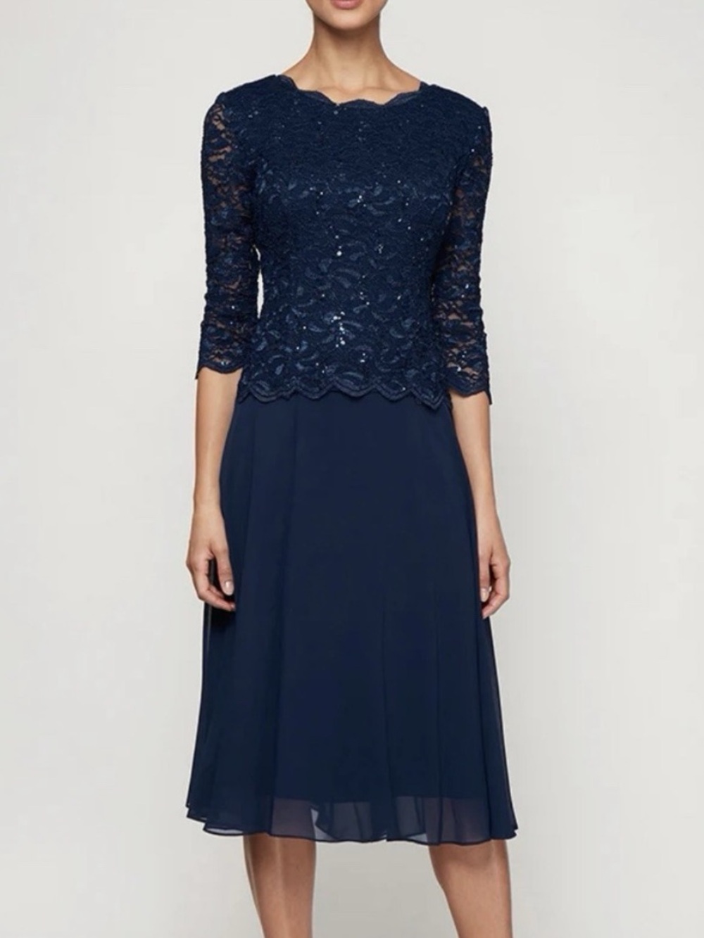 Alex Evenings Navy Lace Appliqué Midi Dress